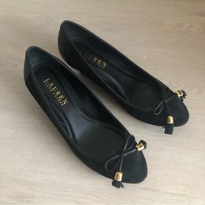 Ralph Lauren Suede Black Kitten Wedges Bow Tie